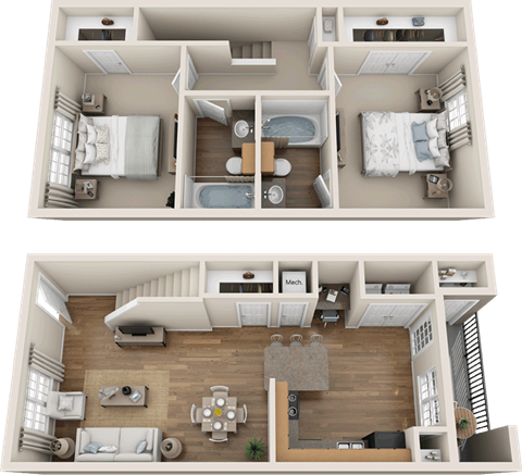 B3 Townhouse Floor Plan 2  bedroom 2 bath
